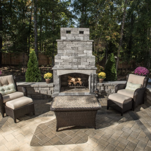 Custom outdoor fireplace, patio pavers, retaining walls and walkways